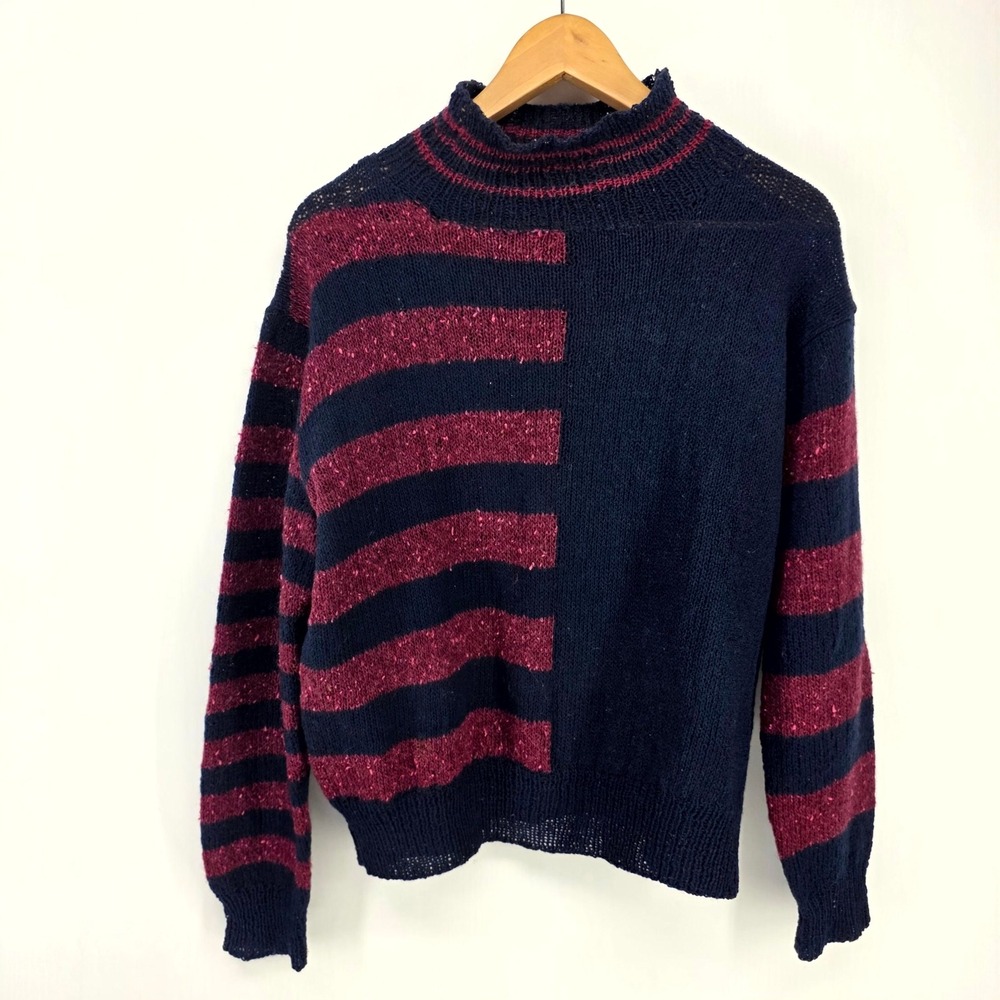 H&M Sweater Womens Large Navy Blue Burgundy Striped Asymmetric Mock Neck Knit